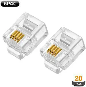 JAENFONG 20PCS RJ11 connectors, 6P4C Telephone Connector Modular Plugs(with 3-pronged Contacts) for Solid or Stranded Phone Line Cord Conductors