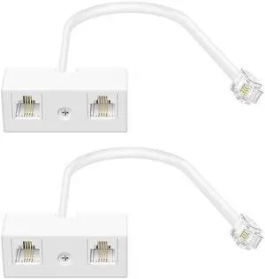 JAENFONG Two Way Telephone Splitters, Male to 2 Female Converter Cable RJ11 6P4C Telephone Wall Adaptor and Separator for Landline (White, 2 Pack)