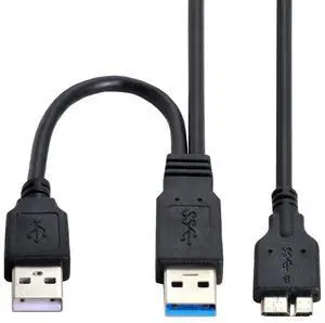 JAENFONG  Micro USB 3.0 Power Y Cable, Dual USB3.0 Data & USB2.0 Power A Male to Micro USB 3.0 Cable with Extra Power for SSD HDD