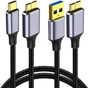 JAENFONG 2 Pack Micro USB 3.0 Cable 6.6ft, USB 3.0 Type A Male to Micro B Cord, USB Type C to Micro B Cable Nylon Braided for Camera, Hard Drive