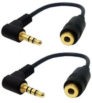 JAENFONG 2 Pack Headphone/Audio Extension Cable,3/4 Pole 3.5mm Male to 3.5mm Female Audio Stereo Headphone 90 Degree Angled Extension Cable 10cm