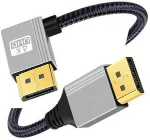 JAENFONG DisplayPort 1.2 Cable, DisplayPort to DisplayPort 90 Degree Right Angled 4K@60Hz 2K@144Hz High Speed Gold Plated Braided Cable 2.0M