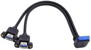 JAENFONG  2 Ports USB 3.0 Female to Motherboard 20Pin Male Cable for Front Panel Screw Mount Type 30cm 90 Degree UP Angled