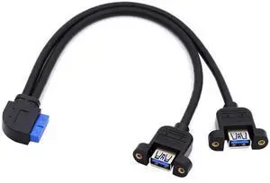 JAENFONG 2 Ports USB 3.0 Female to Motherboard 20Pin Male Cable for Front Panel Screw Mount Type 30cm 90 Degree Right Angled