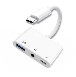 JAENFONG  3 in 1 USB C to 3.5mm Audio AUX & USB 2.0 Socket OTG Adapter with PD 15W Charge for Laptop Tablet Phone