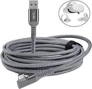 JAENFONG 10ft /3M Nylon Braided VR Link Cable for Oculus Quest 2 and PC/Steam VR Quest VR Headset, Right-Angled 90 Degree USB A to USB C 5Gbps High Speed Data Transfer Charging Cord for Gaming PC ( A