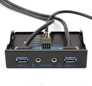 JAENFONG  2Ports USB3.0 PC Front Panel Bracket 3.5 Floppy Bay 19Pin to USB 3.0 Hub HD Audio Earphone Mic Connector with Cable for Desktop (Black)