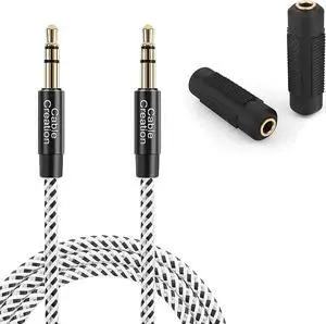 3.5mm Male to Male Stereo Aux Cord 1.5FT Bundle with 3.5mm Female to Female Audio Adapter Coupler, Compatible with Car Stereo, Speakers and Headphones