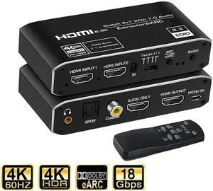JAENFONG 2x1 HDMI Switch Audio Extractor, 4K Hdmi Audio Extractor Switcher, HDMI to HDMI +Audio(Optical/Coaxial/ 3.5mm Audio Jack), HDMI 4K@60hz Video Audio Converter Adapter for PS4, Xbox,TV