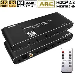 HDMI Switch with Audio Extractor 4K 60Hz Optical + 3.5mm AUX + Coaxial Output, HDMI Switcher 4 in 1 Out HDMI Audio Splitter Converter IR Remote Support ARC HDCP2.2 1080P 3D Dobly Atmos,EDID,HDR10