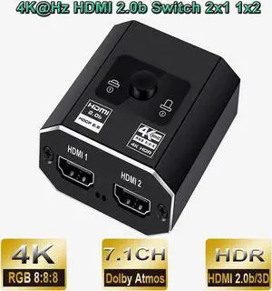 4K@60Hz HDMI Switch with HDMI Cable, 4K HDMI 2.0b Switch Bi-Directional 2 in 1 Out/ 1 in 2 Out Supports 4K@60Hz, 1080p@120Hz, 18Gbps High Speed for PS5 Xbox Projector Monitor Blu-Ray Player etc