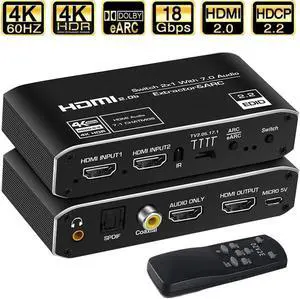 4K@60H HDMI Switch Audio Extractor, 2x1 HDMI Switcher Splitter 2 in 1 Out with Optical TOSLINK SPDIF, 3.5mm Audio, Coaxial Audio Extractor and IR Remote Control, Support 4K HDR, HDMI 2.0b, HDCP 2.3