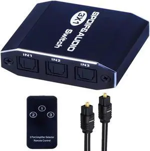 JAENFONG SPDIF Optical Audio Switch 3 in 1 Out, Digital Optical Audio Splitter SPDIF Toslink Switch Optical Switcher with IR Remote Control & Optical Cable for PS3 Xbox Blue-Ray HDTV