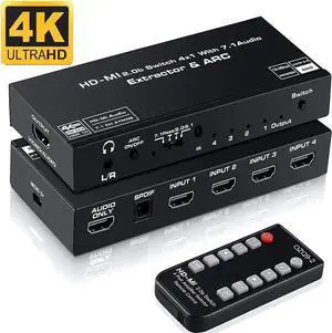 JAENFONG  4X1 HDMI 2.0 Switch Audio Extractor 4K HDMI SPDIF Converter 5.1 HD-MI to HDMI to RCA Splitter Optic TOSLINK Switch Adapter