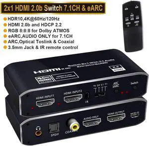 JAENFONG 4K@60Hz HDMI 2.0b Switch with Audio Extractor, HDMI to HDMI + HDMI 7.1CH + Optical Toslink SPDIF + 3.5mm Audio, HDMI Audio Embedder Converter Adapter for PS5, Xbox, Fire Stick(Remote Control)
