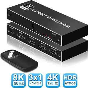 JAENFONG 8K HDMI 2.1 Switch 4K 120Hz 3 in 1 Out,  8K@60Hz HDMI 2.1 Splitter Switcher Selector Box 4-Port with Remote 4K 120Hz 2K 144Hz, HDMI 3x1 HDR, 48Gbps, CEC, Dolby Vision, for Xbox Series X PS5
