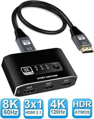 HDMI Switch 8K@60Hz with 3.9FT HDMI Cable,  HDMI Switcher 3 in 1 Out, 3 Port HDMI Hub Selector, Supports 8K,4K, 3D, HDCP 2.3, HDMI 2.1, HDR10 Compatible with PS5/4/3 HDTV Blu-Ray Fire Stick