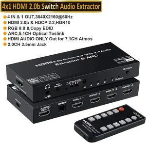 JAENFONG 4 Port 4K HDMI Switch with Optical & 3.5mm AUX Audio Audio Extractor Out, 4x1 HDMI Switcher Audio Extractor Splitter Support 4K@60Hz, 1080P@120Hz, ARC, HDCP 2.2, HDR10, Dolby 7.1 Atoms