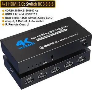 JAENFONG [2023 Upgraded]HDMI Switch 4K@60Hz,4 in 1 Out HDMI Hub Switch with Remote,Aluminum Hdmi 2.0 Switch 4 Port,Support 3D HDR,Compatible with Xbox PS5/4 Blu-Ray Player Fire Stick Roku TV