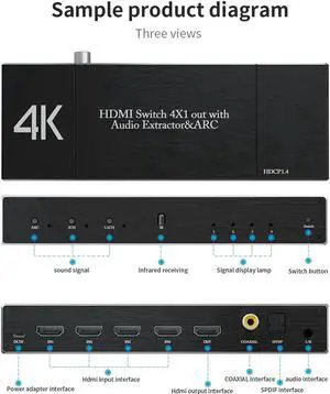JAENFONG HDMI Switch Audio Extractor, HDMI Switch Splitter 4 Inputs 1 Output with Remote 4K@60hz, 4-Port HDMI2.0b Switcher Box with Optical Toslink SPDIF+Coaxial+3.5mm Audio Out, OZQ7