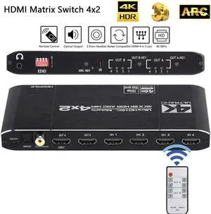 JAENFONG HDMI 2.0 Matrix 4x2 4K60Hz Switch Splitter HDCP2.2 EDID 4Kx2K HDR ARC HIFI HDMI Switcher SPDIF COAX 3.5mm Stereo Audio
