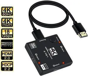 JAENFONG 4K HDMI Switch 3 in 1 Out HDMI Splitter, HDMI Switch with 3.9FT HDMI Cable Supports HDR CEC 3D HDCP2.2 HDMI 3 Port Box Hub 4K 60Hz, Compatible with PS5 PS4 Xbox Fire Stick Roku Apple TV PC
