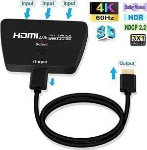 JAENFONG HDMI Switch 4k@60Hz with 3.9FT HDMI Cable,  HDMI Switcher 3 in 1 Out, 3 Port HDMI Hub Selector, Supports 4K, 3D, HDCP 2.2, HDMI 2.0, HDR Compatible with PS5/4/3 HDTV Blu-Ray Fire Stick