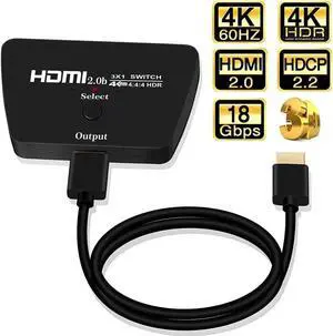 HDMI Switch 4K@60HzUpgraded3 in 1 Out HDMI Splitter, 3 Port Hdmi Switcher Box Supports Full HD 4K 1080P 3D,Multi Port HDMI Switcher Selector 2.0 HDMI Switch for Xbox PS3 4 5 TV Gaming Mac Roku