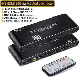 JAENFO4K 60Hz 4 in 1 Out HDMI Switch Audio Extractor Converter- 4port HDMI to HDMI + Optical + 3.5mm AUX + Coaxial Output, Support ARC HDCP2.2 1080P 3D Dobly Atmos,EDID,HDR10 for Xbox, Fire Stick, PS5