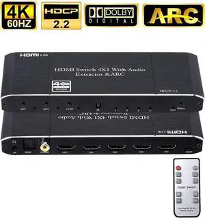 JAENFONG 4x1 HDMI 2.0 4K 60Hz Switch with ARC & Audio Extractor, IR Remote Control, HDR 10, HDCP 2.2, , SPDIF, for PS4, Xbox, Apple TV and More