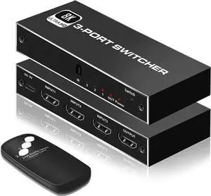 JAENFONG 8K@60Hz HDMI 2.1 Switch,  3X1 HDMI Switch with IR Remote Control, 4K @120hz HDMI Switcher Box 3 in 1 Out, 48Gbps, Support for Nintendo Switch PS4/PS5, Xbox 360/One Fire tv Stick