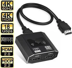 JAENFONG 4K HDMI 2.0b Switch Bi-Directional 2 in 1 Out/ 1 in 2 Out with HDMI Cable,  4K HDMI Switch 4K@60Hz/1080p@120Hz Aluminum Splitter UHD 3D Compatible for Switch, PS4, Roku, HDTV, Monitor