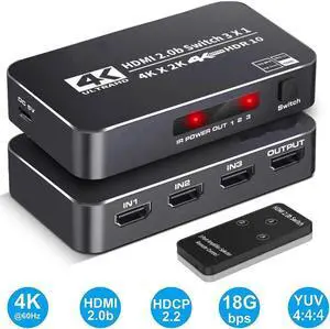 JAENFONG HDMI Switch 4K@60Hz, 3 Port HDMI 2.0 Switcher Selector 3 in 1 Out HDMI Switch with IR Remote Control, Supports 4K HDR10 HDCP 2.2 3D Dolby for Nintendo Switch,Xbox PS5/PS4,Fire Stick and More