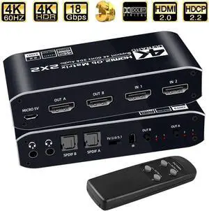 JAENFONG 4K HDMI Matrix Switch 2 X 2, Switcher with Audio Extractor UltraHD Supports Up to 4K @ 60Hz IR EDID HDCP 2.2 HDR10,2xSPDIF Audio, 2x3.5mm L/R Audio - Remote Control (OZJ6)