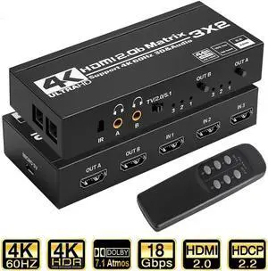 JAENFONG 4K HDMI Matrix Switch 3 X 2, Switcher with Audio Extractor UltraHD Supports Up to 4K @ 60Hz IR EDID HDCP 2.2 HDR10,2xSPDIF Audio, 2x3.5mm L/R Audio - Remote Control (OZJ5)