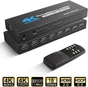 JAENFONG [2023 Upgraded]HDMI Switch 4K@60Hz,7 in 1 Out HDMI Hub Switch with Remote,Aluminum Hdmi 2.0 Switch 4 Port,Support 3D HDR,Compatible with Xbox PS5/4 Blu-Ray Player Fire Stick TV
