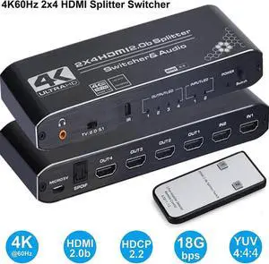 JAENFONG 4K 60Hz 2 x 4 HDMI Switch Splitter Audio Extractor with IR Remote Control HDMI 2.0b Switcher Support 18Gbps 4K x 2K 3D HDCP 2.2 HDMI Splitter Hub Port Switches for PS4 Xbox Apple TV Fire