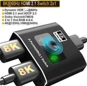 JAENFONG HDMI 2.1 Switch 8K 2 in 1 Out HDMI Switcher 2 Port Support 8K 60Hz 4K 120Hz HDCP 2.3 Ultra HD 3D for Xbox PS4 PS5 Roku UHD TV Monitor Projector (OZ8Q2)