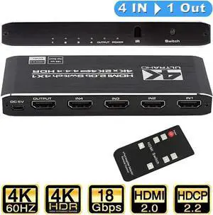 JAENFONG 4k HDR HDMI Switch with IR Remote Control, 4 Ports HDMI 2.0 Switcher Selector , Support HDCP 2.2 YUV444/RGB888 HDR10, HDMI Splitter for PS4 Xbox Apple TV Fire Stick
