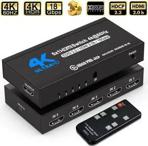 JAENFONHDMI Switch 4k@60HZ HDMI Splitter 5 in 1 Out HDMI Switcher Selector with IR Remote Control, HDMI 5 Port Box Hub Support 3D HDCP2.2 for PS4/Xbox One/Fire TV/Apple TV/Sky Box/STB/DVD/Roku, OZQ3-4