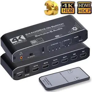 JAENFONG HDMI Switch Splitter 2x4 with Audio Extractor, 4K@60Hz Ultra HD HDMI Switcher with Optical TOSLINK SPDIF, 3.5mm Audio Support HDCP 2.2, HDMI2.0b, 4K@60HZ, RGB4:4:4, 4K HDR (Remote Control)