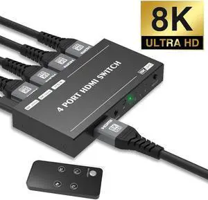 JAENFONG  HDMI 2.1 Ultra HD 8K High Speed 48Gbps Switcher Only 4in 1out 8K@60Hz 4K@120Hz Converter with Remote Control Compatible with Xbox PS5 Projectors Monitors