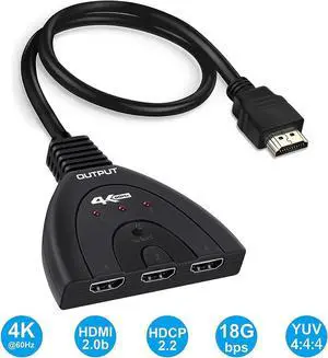 JAENFONG HDMI Switch 3 in 1 Out 4K@60Hz UHD HDMI Switcher with Pigtail Cable, HDMI Switch Box Hub Support 4K 60Hz 3D 108