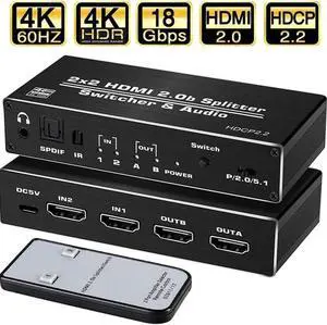 JAENFONG 4K@60Hz HDMI Switcher Splitter Audio Extractor with Optical SPDIF + 3.5mm AUX Output, 2 in 2 Out HDMI Switcher Converter Support HDCP 2.2, HDMI2.0b, 4K@60HZ, RGB2:2:2, 4K HDR JAENFONG 4K@60Hz HDMI Switcher Splitter Audio Extractor with Optical SPDIF + 3.5mm AUX Output, 2 in 2 Out HDMI Switcher Converter Support HDCP 2.2, HDMI2.0b, 4K@60HZ, RGB2:2:2, 4K HDR