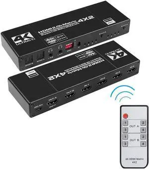 JAENFONG 4x2 HDMI Matrix Switch Up to 4K 60Hz RGB 8:8:8, HDR10, EDID,HDMI 2.0, HDCP 2.2/1.4, Auto Downscaling, IR Remote, 2xSPDIF Audio, 2x3.5mm L/R Audio, 4 in 2 Out Video (OZJ1-1)