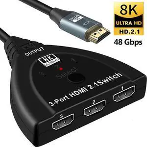 JAENFONG HDMI Switch 8K 60Hz,  HDMI 2.1 Switcher 3 in 1 Out, 3 Port HDMI Selector Box Support HDCP 2.3 HDR 3D 48Gbps for Xbox PS4 Roku HDTV Monitor, with Pigtail Cable, OZ8Q3-1