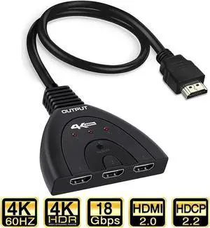 JAENFONG HDMI Switch 3 in 1 Out 4K HDMI Switcher with Pigtail Cable, 4K 60Hz HDMI Switch, HDMI 3 Port Box Hub Supports HDR 3D HDCP, Compatible with PS5 PS4 Xbox Fire Stick Roku Apple TV PC