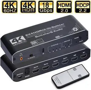 JAENFONG HDMI Switch Splitter 2x4 with Audio Extractor, 4K@60Hz Ultra HD HDMI Switcher with Optical TOSLINK SPDIF, 3.5mm Audio Support HDCP 2.2, HDMI2.0b, 4K@60HZ, RGB4:4:4, 4K HDR , Remote Control