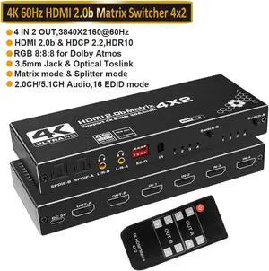 JAENFONG 4in 2out HDMI Matrix Switch, 4x2 Matrix HDMI Video Switcher Splitter +2xSPDIF& 2x3.5mm L/R Audio Output,Support Ultra HD 4K 60Hz,3D 1080P, EDID with IR Remote Control (OZJ1)