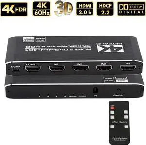 JAENFONG HDMI Switch 4k@60HZ, 4 in 1 Out HDMI Switcher Selector with IR Remote Control, HDMI 4 Port Box Hub Support HDCP 2.2 YUV444/RGB888 HDR10 for PS4/Xbox One/Fire TV/Apple TV/Sky Box/STB/DVD/Roku